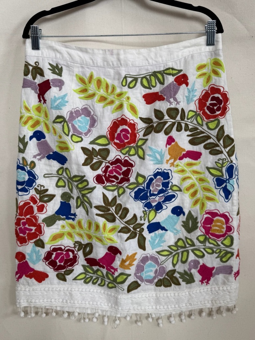 Moulinette Soeurs White Pencil Skirt with Multicolor Floral & Bird Embroidery